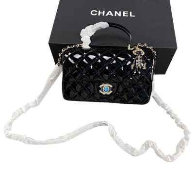 Chanel Mini Top Handle Flap Black Patent Leather Gold Hardware