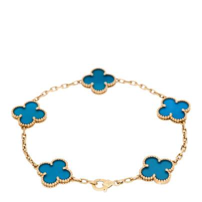 Van Cleef and Arpels 5 Motifs Blue Agate Vintage Alhambra Bracelet 18k Yellow Gold
