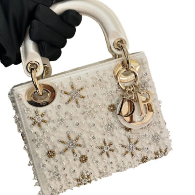Christian Dior Mini Lady Dior Bag White Pearl Stones Christmas Edition GHW