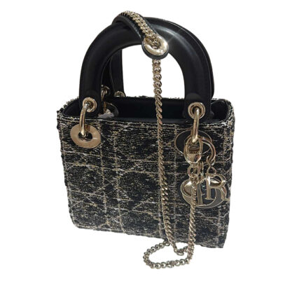 Christian Dior Mini Lady Dior Black Cannage Tweed with Gold Tone Metallic Thread