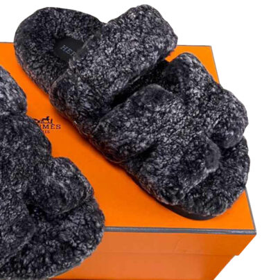 Hermès Chypre Dark Grey Faux fur Sandals Size 36