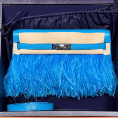 Hermes Kelly Elan Folie Bleu Frida Chevre Chamkila and Ostrich Feathers PHW
