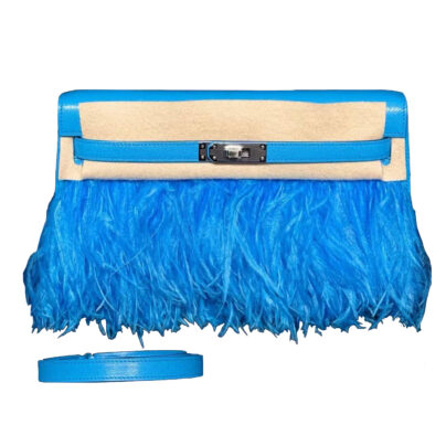 Hermes Kelly Elan Folie Bleu Frida Chevre Chamkila and Ostrich Feathers Palladium Hardware