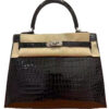 Hermes Kelly Sellier 25 Black Shiny Porosus Crocodile Palladium Hardware