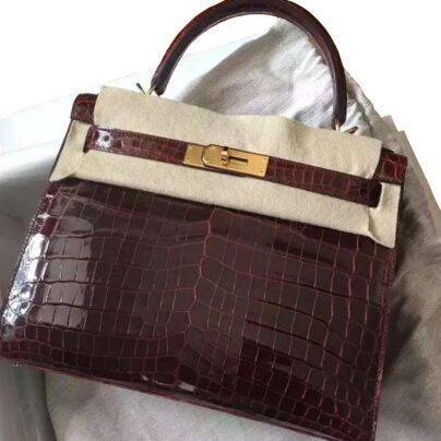 Hermes Kelly Sellier 28 Bordeaux Shiny Crocodile Niloticus Gold hardware