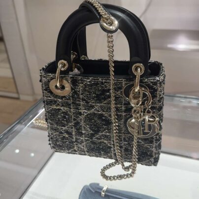 New Christian Dior Mini Lady Dior Black Cannage Tweed with Gold Tone Metallic Thread