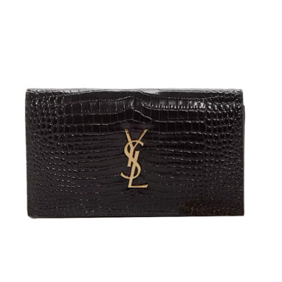 Saint Laurent Cassandre Black Croc Embossed Leather Chain Wallet