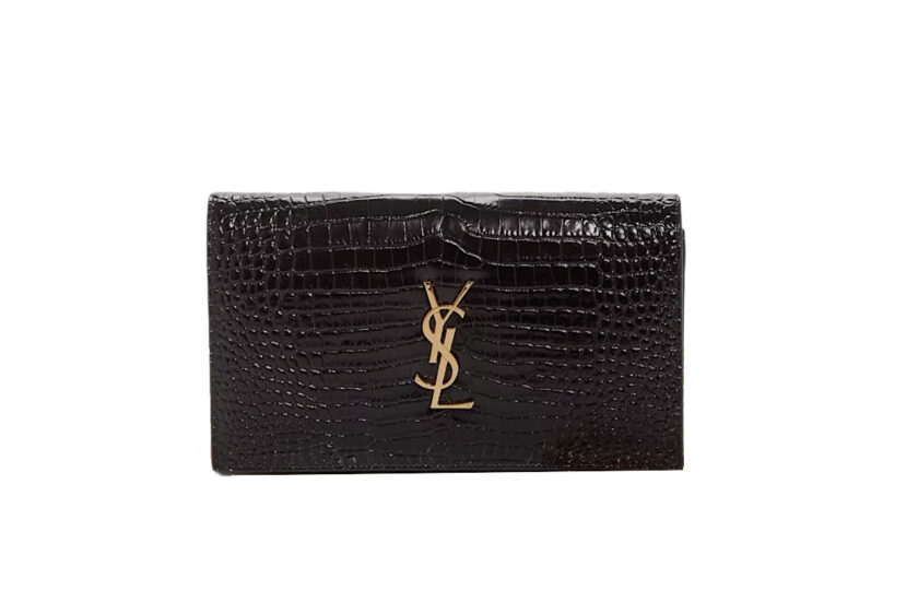Saint Laurent Cassandre Black Croc Embossed Leather Chain Wallet
