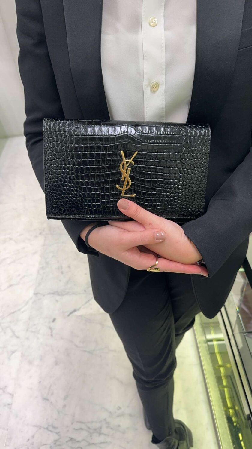 Saint Laurent Cassandre Black Crocodile Embossed Leather Chain Wallet