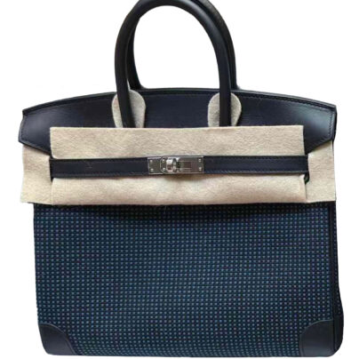 Hermes Birkin 25 Toile Quadrille Black Blue Egee Swift Palladium Hardware