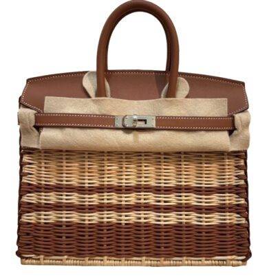 Hermes Birkin Picnic 25 Handbag Wicker Swift Stripes Naturel Gold Palladium hardware