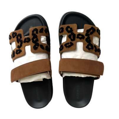 Hermes Chypre Sandals Leopard Brown Suede Size 38