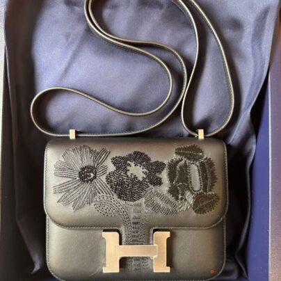 Hermes Constance 18 Mini Dancing Flowers Black Embroidered Swift Palladium Hardware