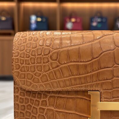 Hermes Constance Long To Go Gold Brown Matte Crocodile Wallet Gold Hardware