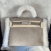 Hermes Kelly 20 Plush Teddy Gris Caillou and Etoupe Swift Fur Palladium Hardware
