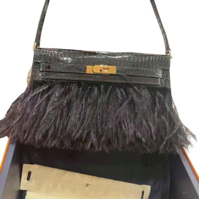 Hermes Kelly Elan Folie Black Croco Ostrich Feathers Gold Hardware