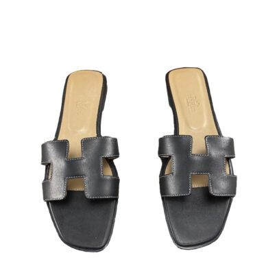 Hermes Oran Black Flat Box Leather Sandals Size 39