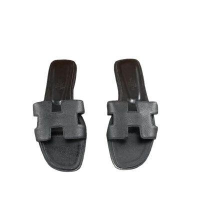 Hermes Oran Black Flat Epsom Leather Sandals Size 38