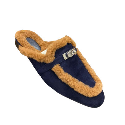 Hermes Oz Mule Blue Brown Suede Shearling Fur Slippers Palladium Hardware