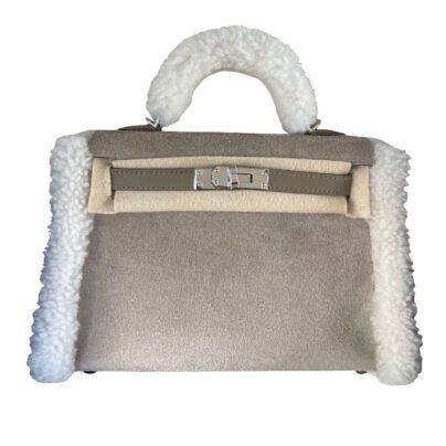 Hermes Teddy Plush Kelly 20 Gris Caillou and Etoupe Swift Palladium Hardware