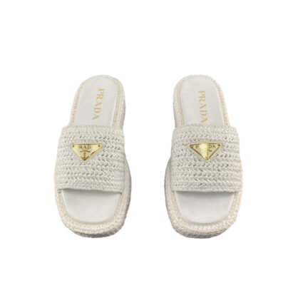 Prada Flatform Raffia White Woven Sandals size 38