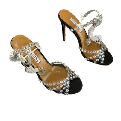 Aquazzura Tequila 105 Embellished Heels in Black Leather