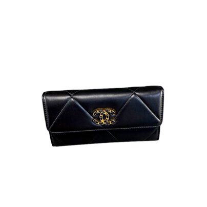 Chanel 19 Small Flap Wallet Black Quilted Lambskin Leather