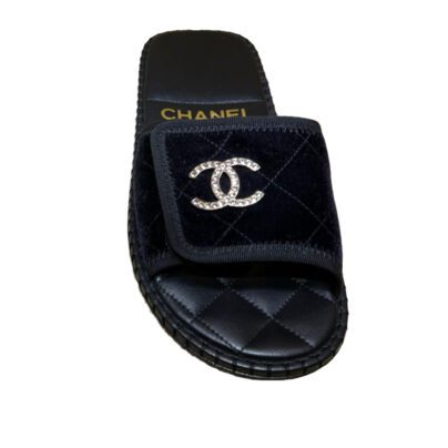 Chanel 23M Black Velvet Crystal CC Logo Hotel Mule Slide Flat Sandal