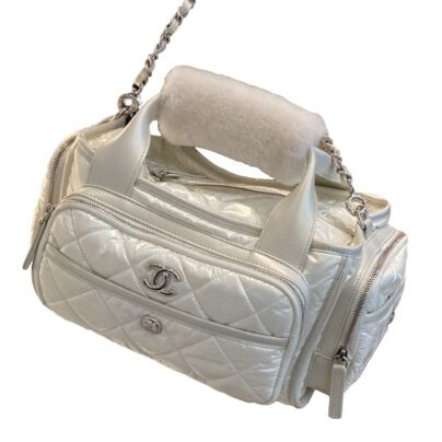 Chanel Coco Neige Large Bowling Bag White Nylon Silver tone metal