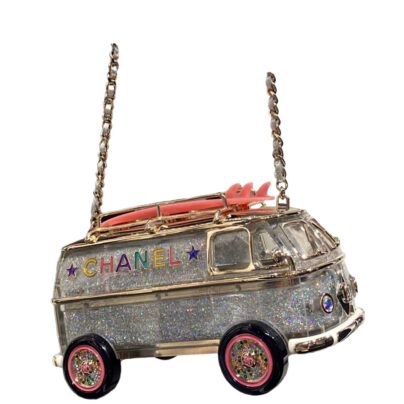 Chanel Mini Van Minaudiere 2024 Cruise Bag in Silver Glitter Plexiglass Pink Surf