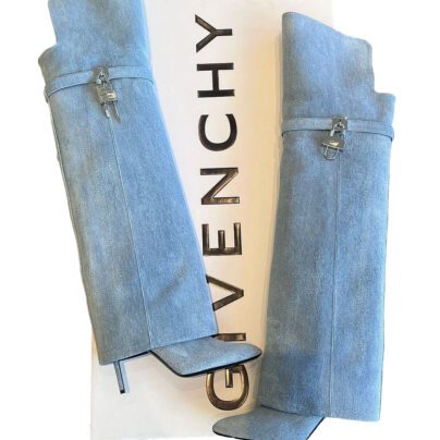 Givenchy Shark Lock Stiletto blue denim over the knee boots
