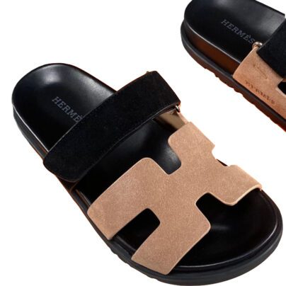 Hermes Chypre Pink and Black Suede Sandals