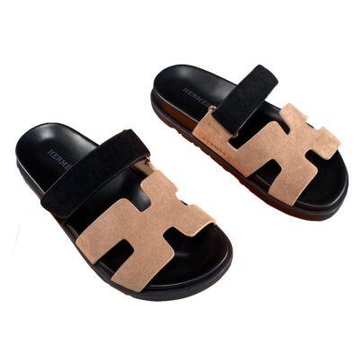 Hermes Chypre Rose Perle and Black Suede Sandals