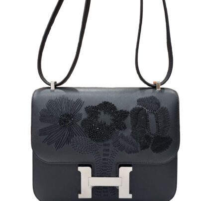 Hermes Constance 18 Black Embroidered Dancing Flowers Swift Palladium Hardware