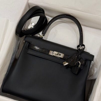 Hermes Kelly 25 Black Touch Lizard Swift Palladium Hardware