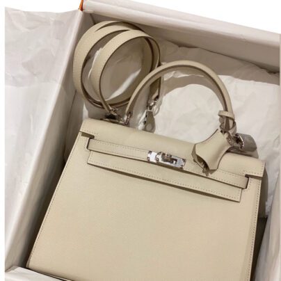 Hermes Kelly 25 Craie White Epsom Palladium Hardware