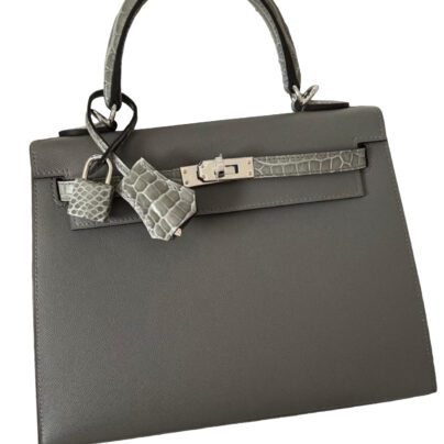 Hermes Kelly 25 Touch Crocodile Veau Madame Gris Meyer Palladium Hardware