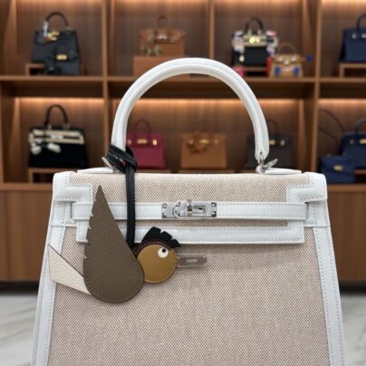Hermes Kelly 25 White Swift Beige Toile PHW