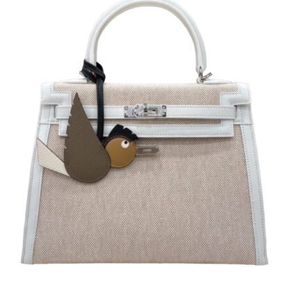 Hermes Kelly 25 White Swift Beige Toile Palladium Hardware