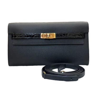 Hermes Kelly Long To Go Touch Black Epsom Shiny Crocodile Gold hardware