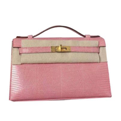 Hermes Kelly Pochette Lizard Bubblegum Pink Gold Hardware