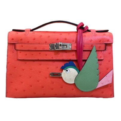 Hermes Kelly Pochette Rose Texas Ostrich Leather Palladium Hardware