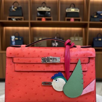 Hermes Kelly Pochette Rose Texas Ostrich Palladium Hardware