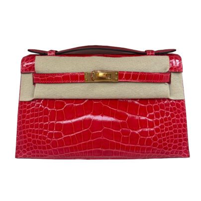 Hermes Kelly Pochette Rouge De Coeur Shiny Alligator Gold Hardware