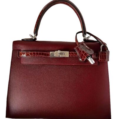 Hermes Kelly Sellier 25 Touch Crocodile and Rouge H Madame Leather Palladium Hardware