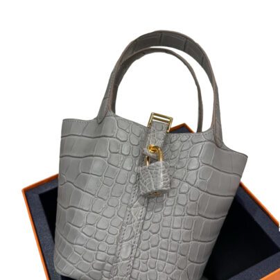 Hermes Micro Picotin 14 Gris Ciment Matte Croc Alligator Gold Hardware