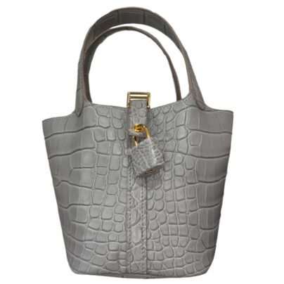 Hermes Micro Picotin 14 Gris Ciment Matte Crocodile Gold Hardware