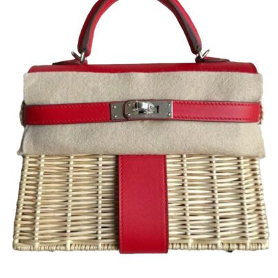 Hermes Picnic Kelly 20 Mini Rouge De Coeur Osier Wicker Swift Palladium hardware