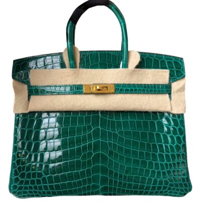 Hermes Birkin 25 Emerald Green Shiny Niloticus Crocodile Gold Hardware