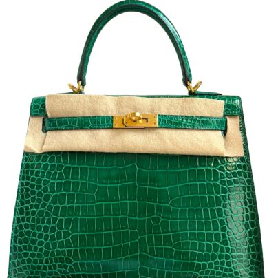 Hermes Kelly 25 Vert Emerald Shiny Porosus Crocodile Gold Hardware